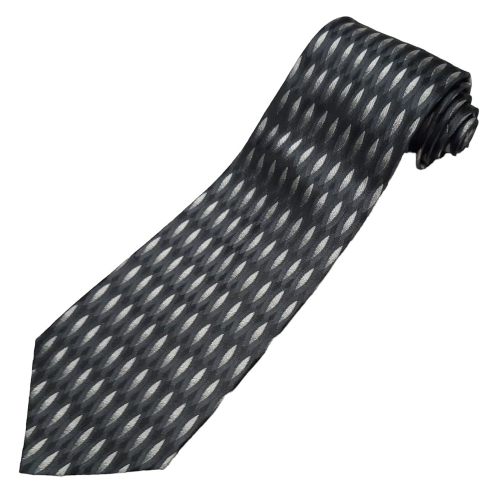 Joseph and Feiss International Mens Silk Necktie Black Silver Geometric Pattern‎